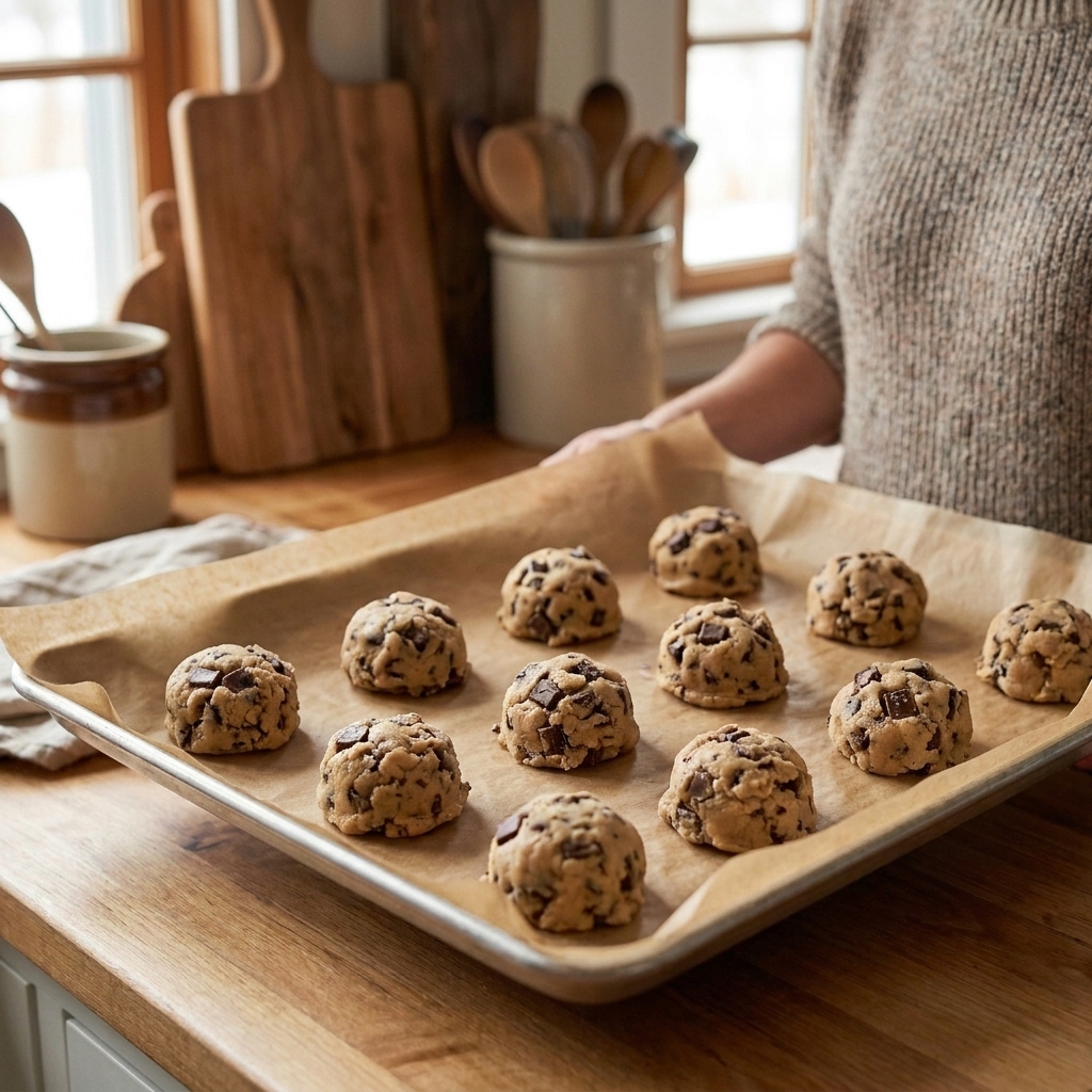Portioned chocolate chip cookie dough balls arranged on a parchment-lined baking sheet before baking