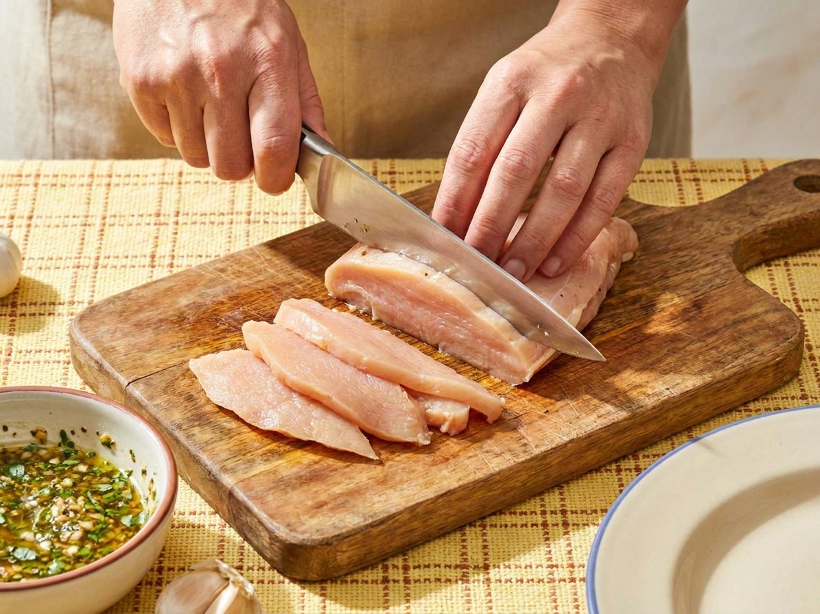 Raw chicken breasts being sliced into thin cutlets on a wooden cutting board with a chef knife