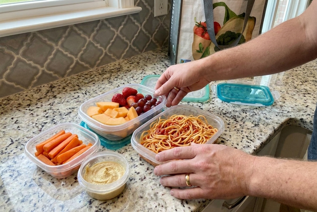 Reusable lunch containers filled with leftover spaghetti, sliced fruit, and carrot sticks on a kitchen counter