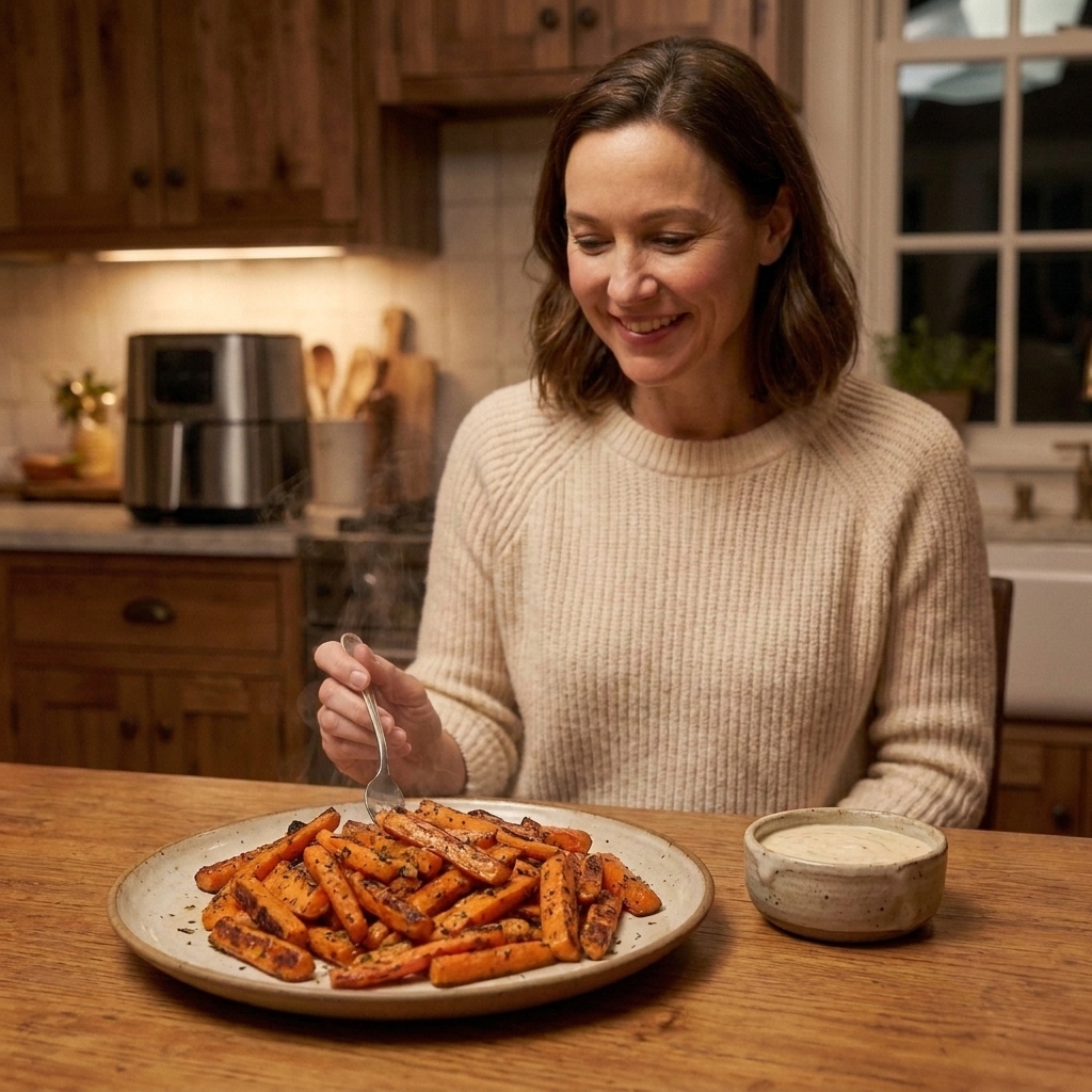 Roasted air fryer carrot sticks with browned edges on a plate with a small dish of dipping sauce nearby