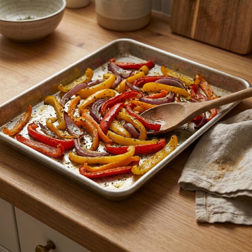 Roasted bell pepper and onion strips on a sheet pan with browned edges and a spatula resting nearby