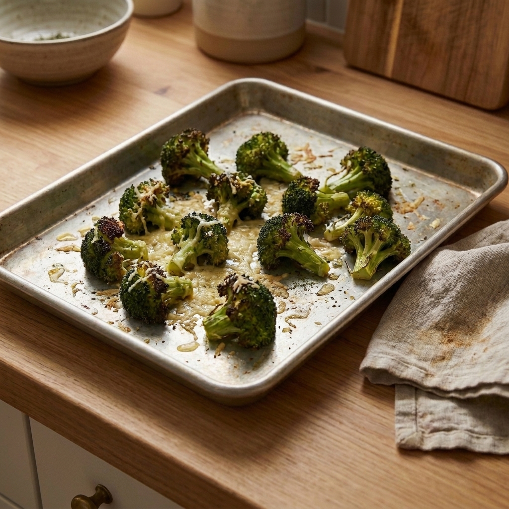 Roasted broccoli florets on a sheet pan with browned edges and melted parmesan scattered over the top