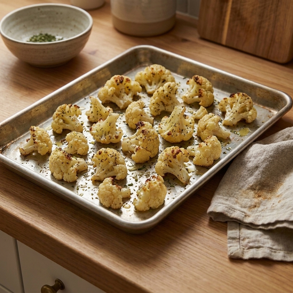 Roasted cauliflower florets on a sheet pan with lightly browned edges and specks of ranch seasoning