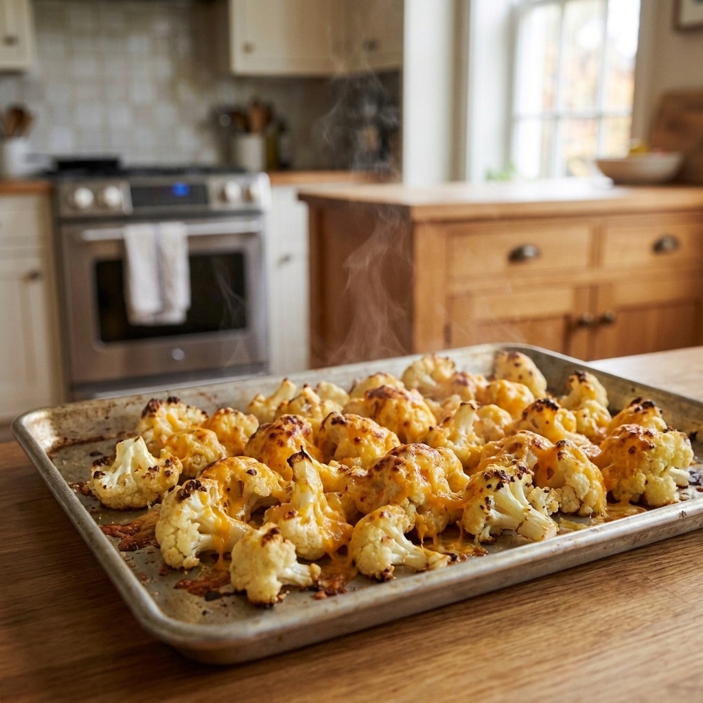 Roasted cauliflower florets with melted cheddar cheese piled on a baking sheet