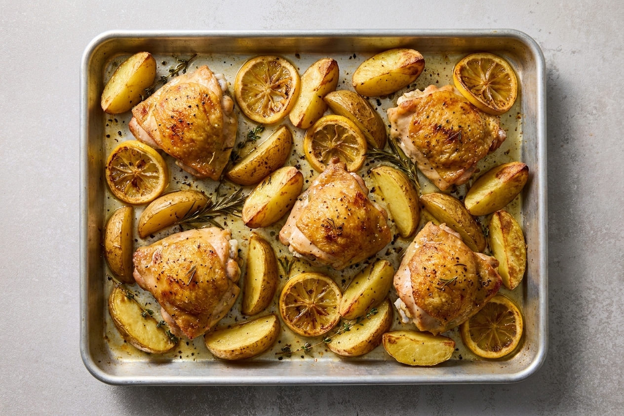 Roasted chicken thighs with lemon slices and golden potatoes on a rimmed sheet pan