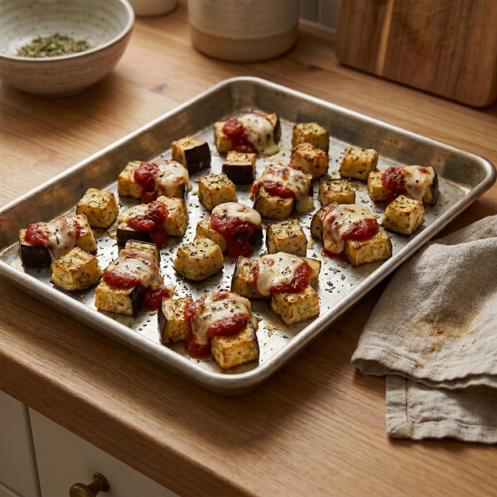 Roasted eggplant cubes on a sheet pan topped with small spoonfuls of marinara and melted mozzarella