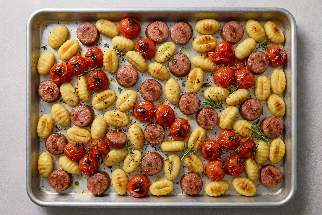 Roasted gnocchi with sliced sausage and blistered tomatoes on a sheet pan