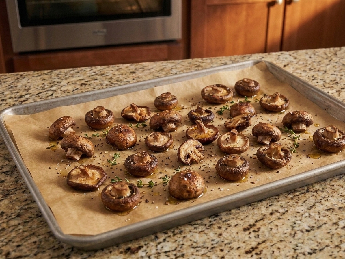 Roasted mushrooms browned and slightly crisp on the edges on a parchment-lined sheet pan