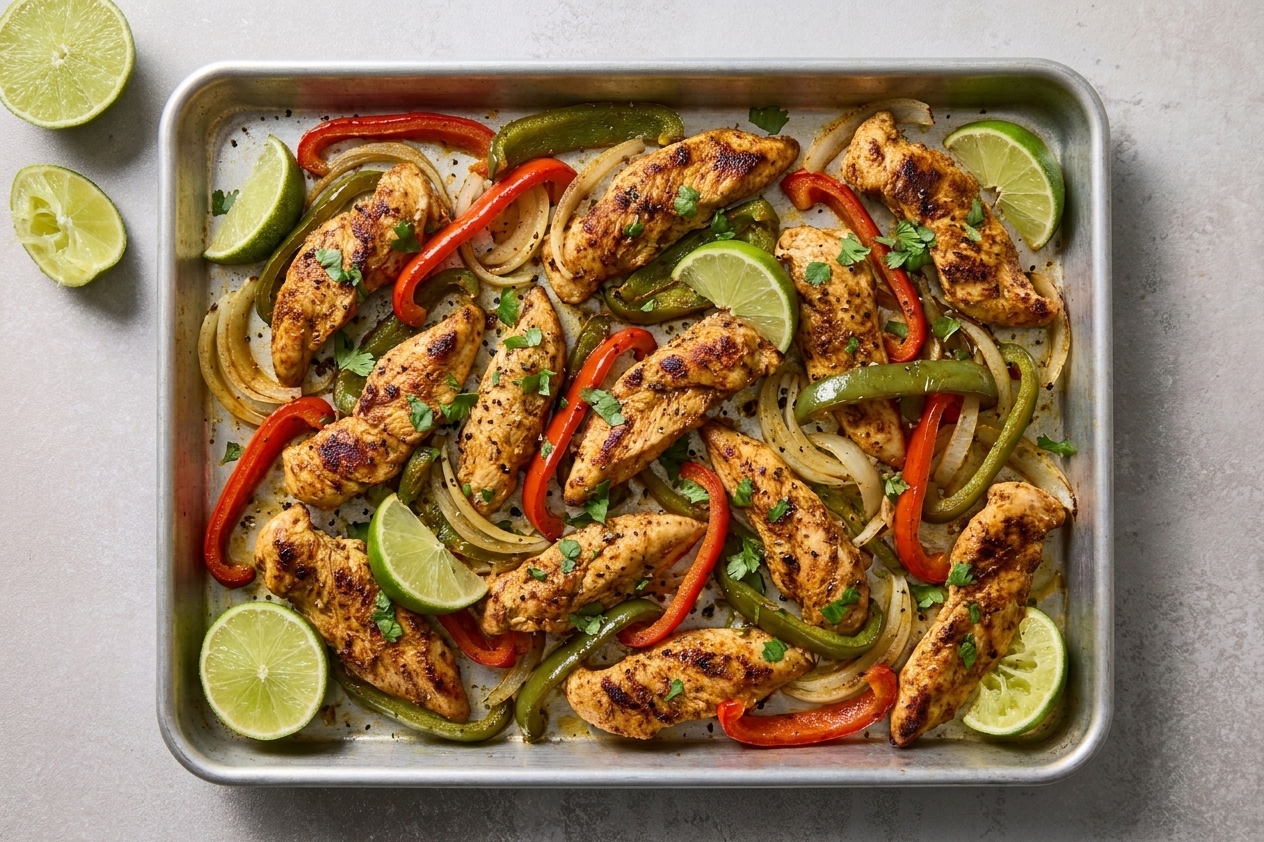 Roasted strips of chicken with bell peppers and onions on a sheet pan with lime wedges