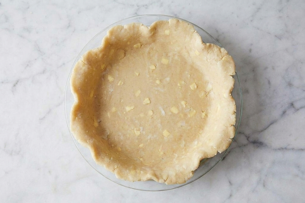 Rolled pie dough draped into a glass pie dish with extra overhang around the rim