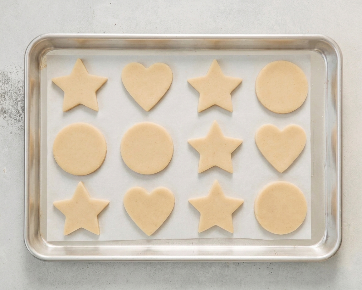 Rolled sugar cookie cutouts arranged on parchment paper on a baking sheet, ready to bake
