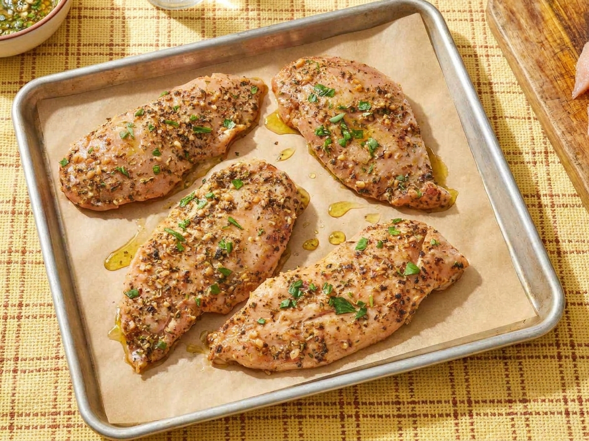 Seasoned chicken cutlets arranged on a parchment-lined baking sheet ready to cook