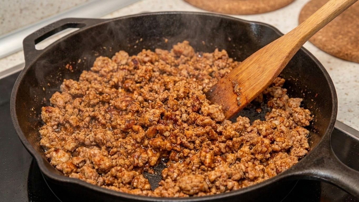 Seasoned ground turkey taco meat simmering in a skillet with visible spices and a small amount of sauce clinging to the crumbles
