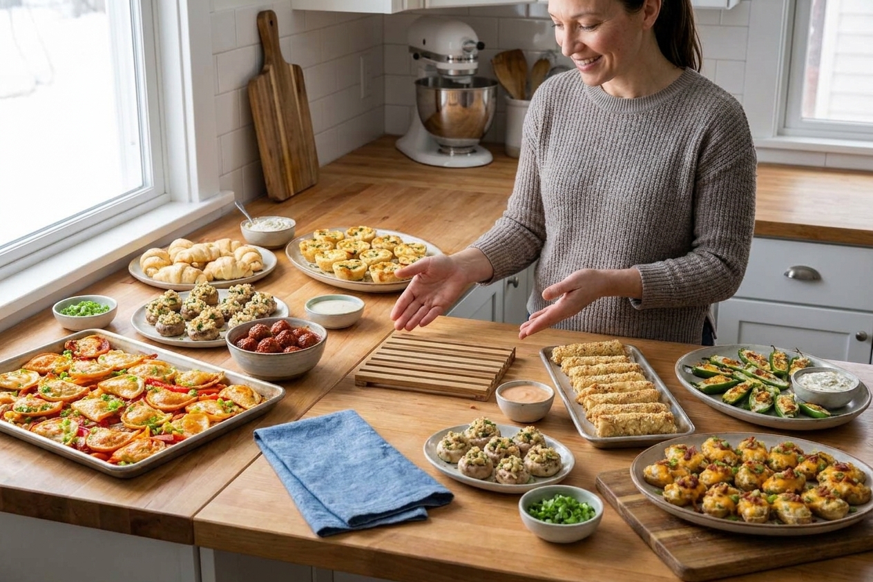 Serving platters and small bowls arranged on a kitchen counter with space cleared for hot appetizers