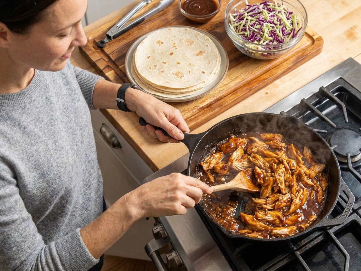 Shredded chicken crisping in a skillet as BBQ sauce is stirred in, with tortillas and shredded cabbage set out nearby
