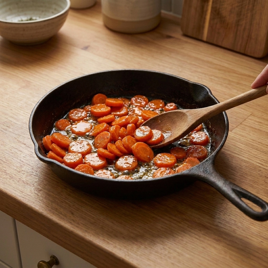Sliced carrots simmering in a skillet with a shiny honey-butter glaze and a wooden spoon stirring
