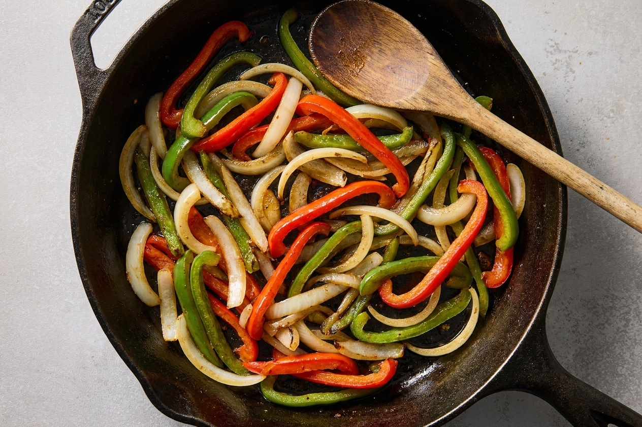 Sliced onions and bell peppers sautéing in a skillet with a wooden spoon resting on the rim