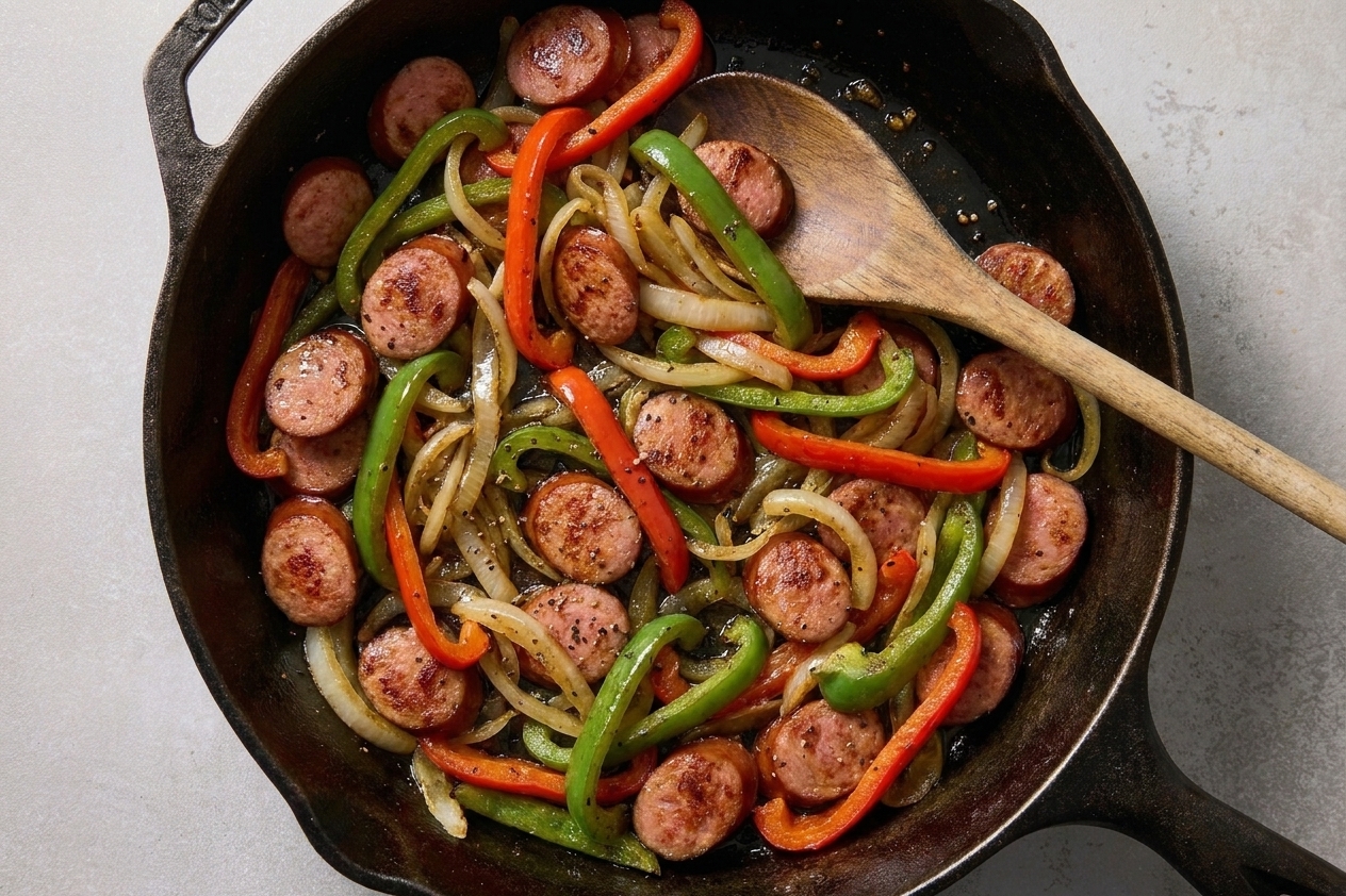 Sliced sausage cooked with sautéed bell peppers and onions in a large skillet