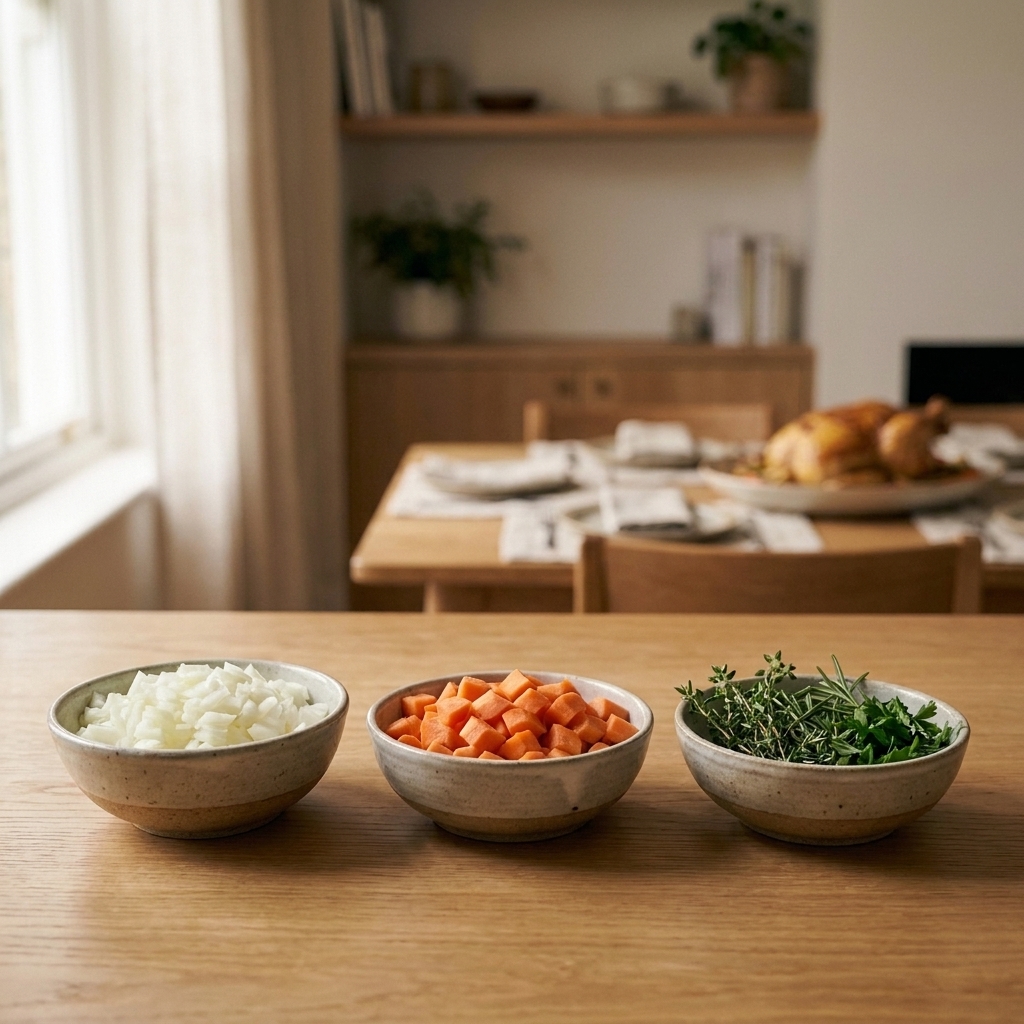 Small bowls of chopped onions, carrots, and herbs arranged and ready for cooking