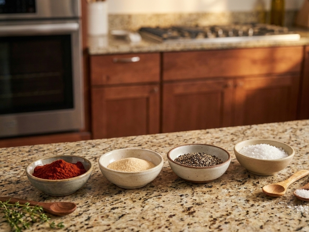 Small bowls of smoked paprika, garlic powder, black pepper, and kosher salt arranged on a kitchen counter