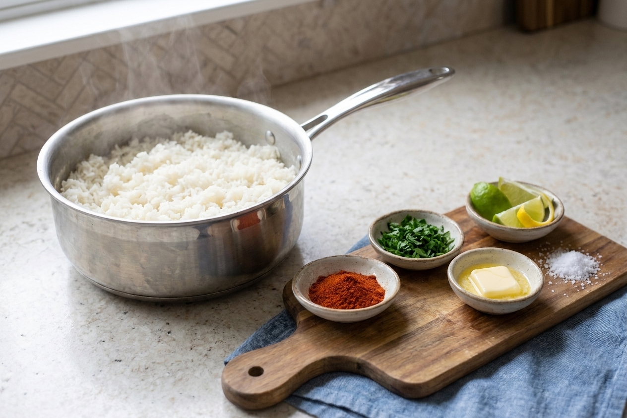 Small bowls of spices, chopped herbs, butter, and citrus set next to a pot of cooked white rice on a kitchen counter