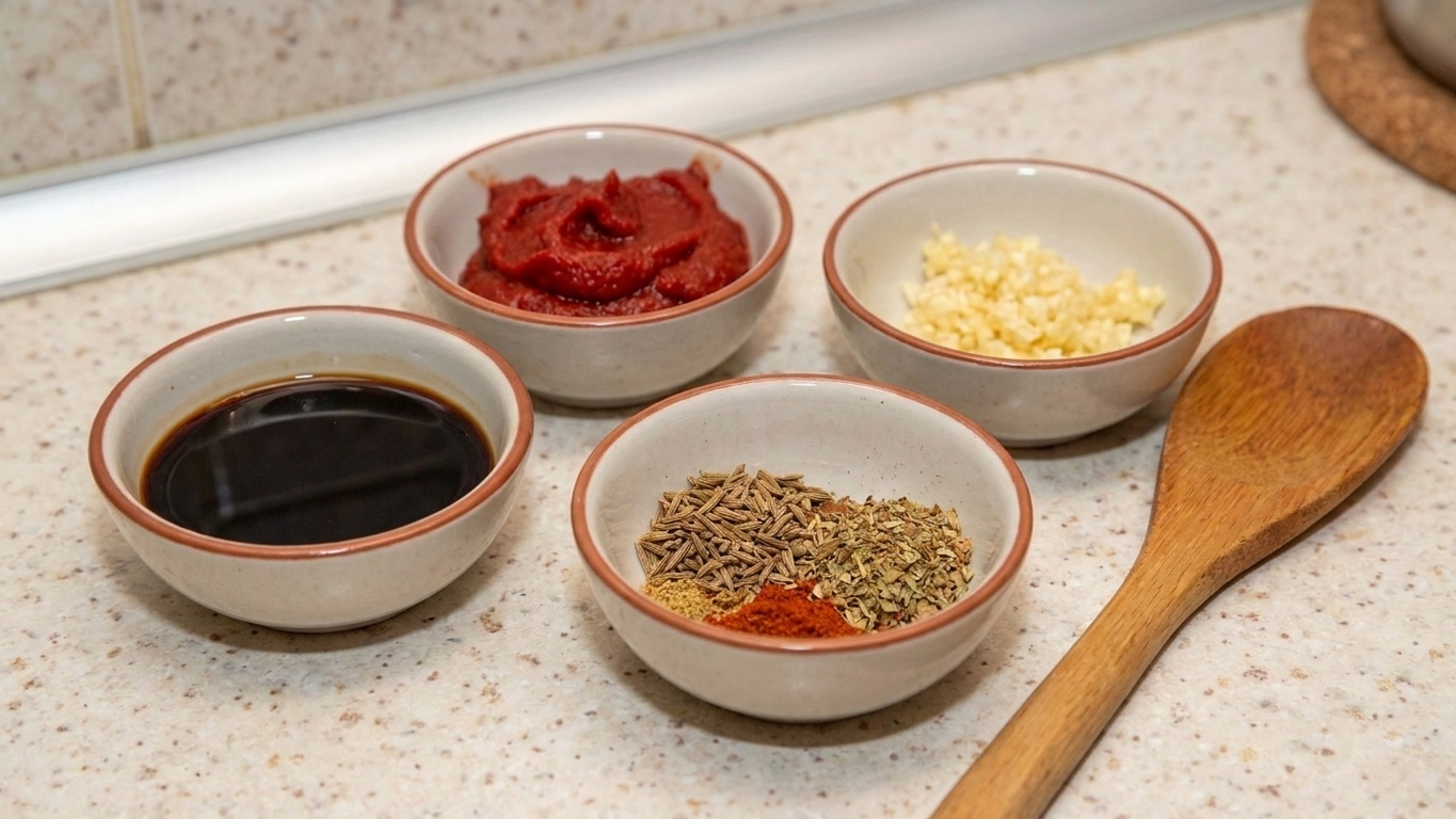 Small bowls of tomato paste, minced garlic, soy sauce, and dried spices arranged on a kitchen counter next to a wooden spoon