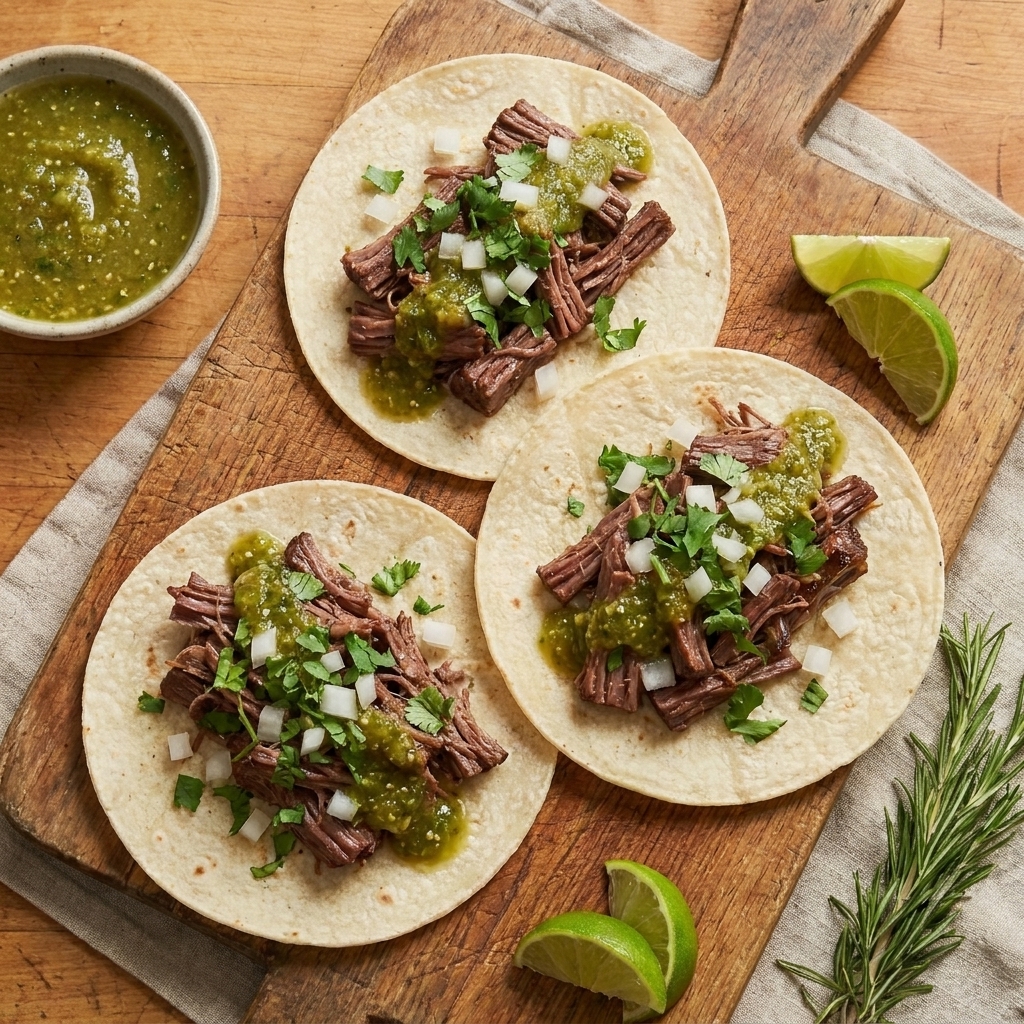 Soft tortillas filled with shredded salsa verde pot roast, topped with cilantro and diced onion