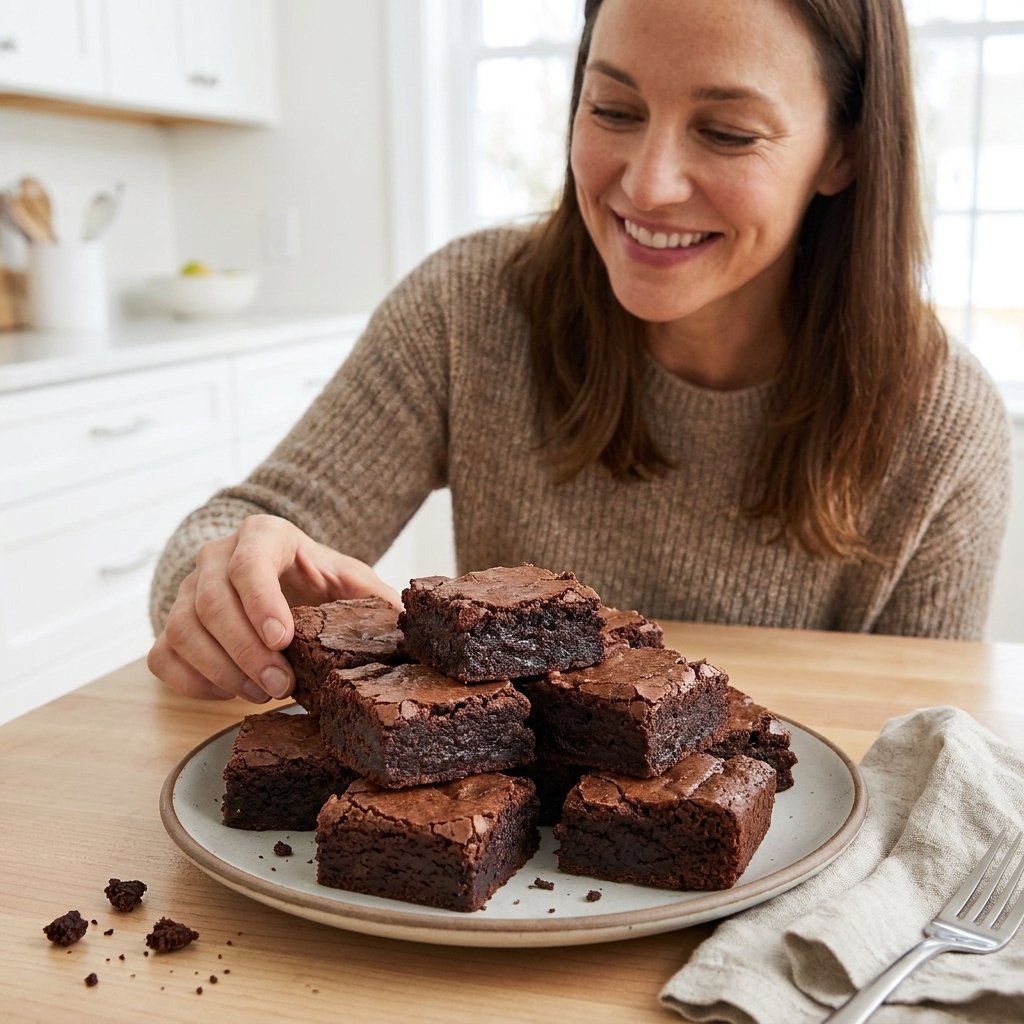 Stacked fudgy brownie squares on a plate with a few crumbs on the side