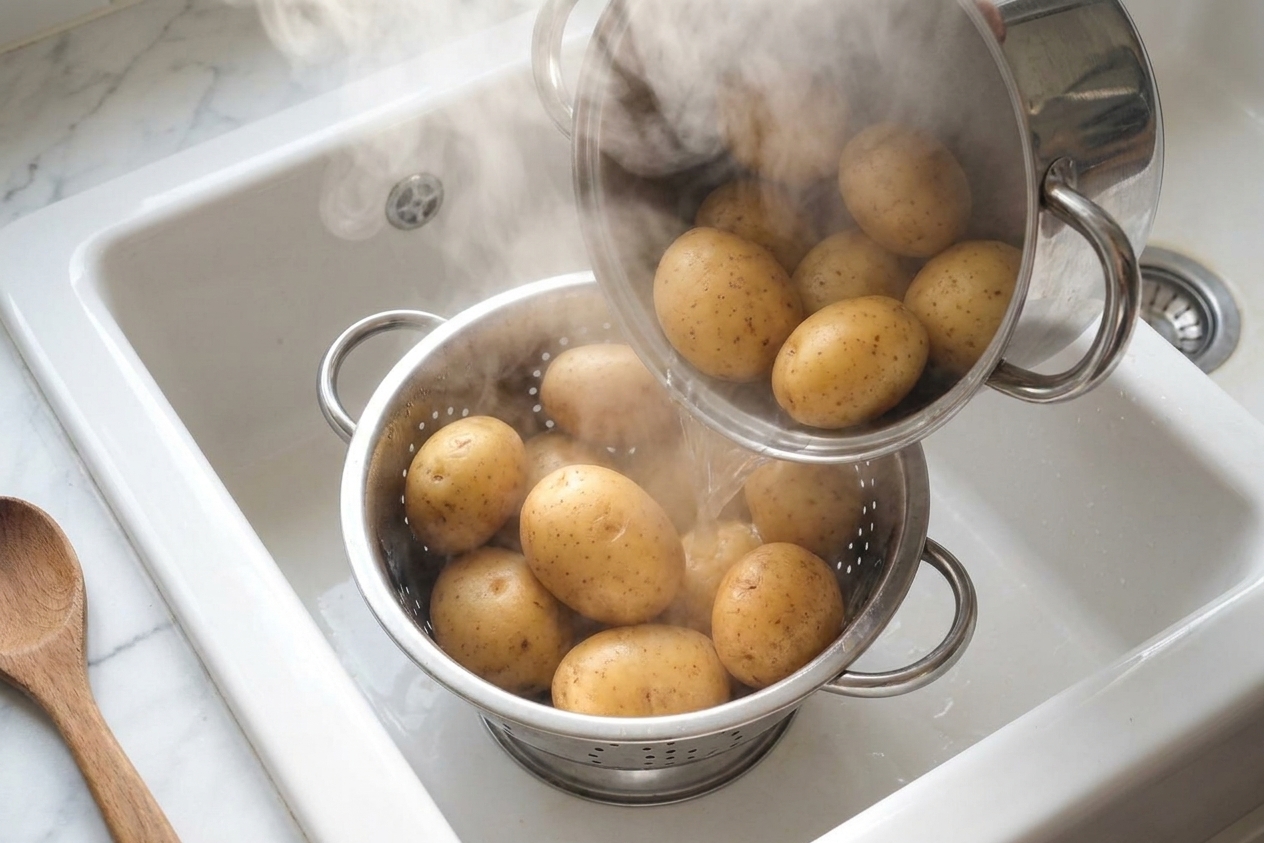 Steaming boiled potatoes being poured into a metal colander in a kitchen sink