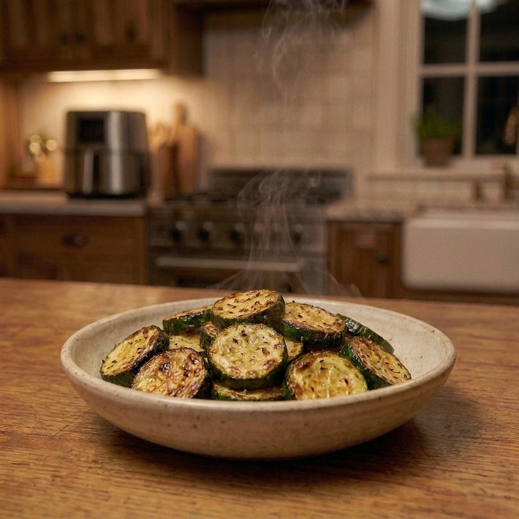 Thick air fryer zucchini slices with browned edges in a simple serving dish on a kitchen counter