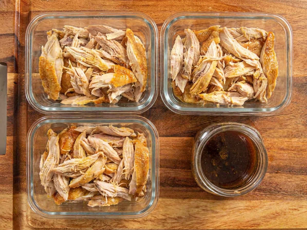 Three glass meal prep containers filled with shredded roast chicken on a kitchen counter next to a small jar of pan drippings