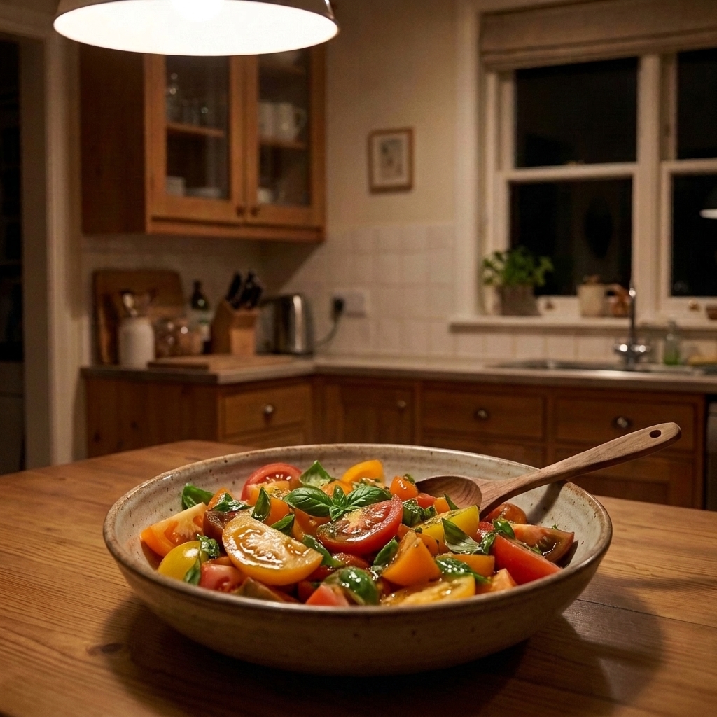 Tomato basil salad in a bowl with glossy vinaigrette and torn basil leaves