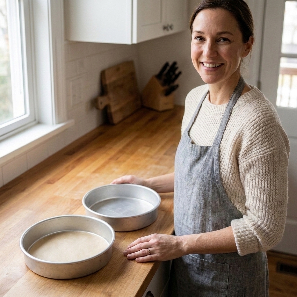Two 9-inch round aluminum cake pans on a counter, one lined with a parchment round