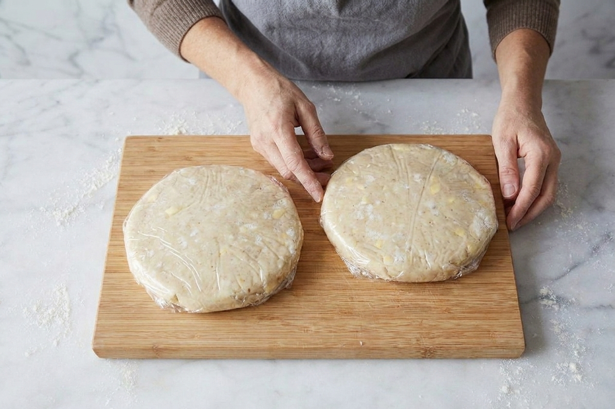 Two discs of pie dough wrapped tightly in plastic wrap on a cutting board, ready to chill