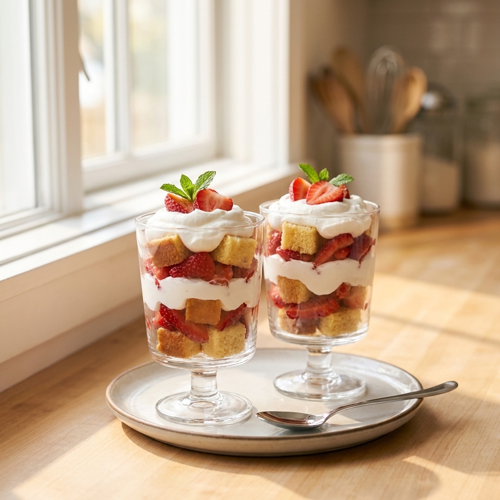 Two glass cups layered with pound cake cubes, sliced strawberries, and whipped topping on a dessert plate
