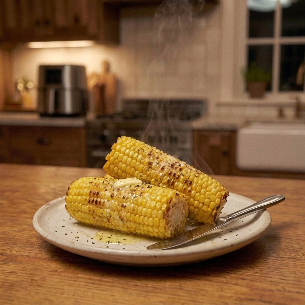 Two pieces of air fryer corn on the cob with light char marks on a plate with a butter knife