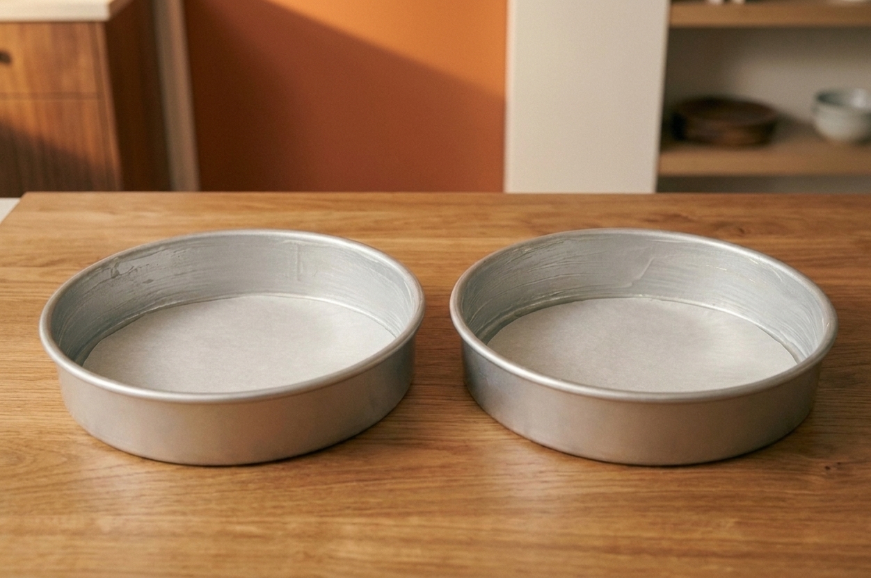 Two round cake pans lined with parchment circles and lightly greased sides on a wooden countertop
