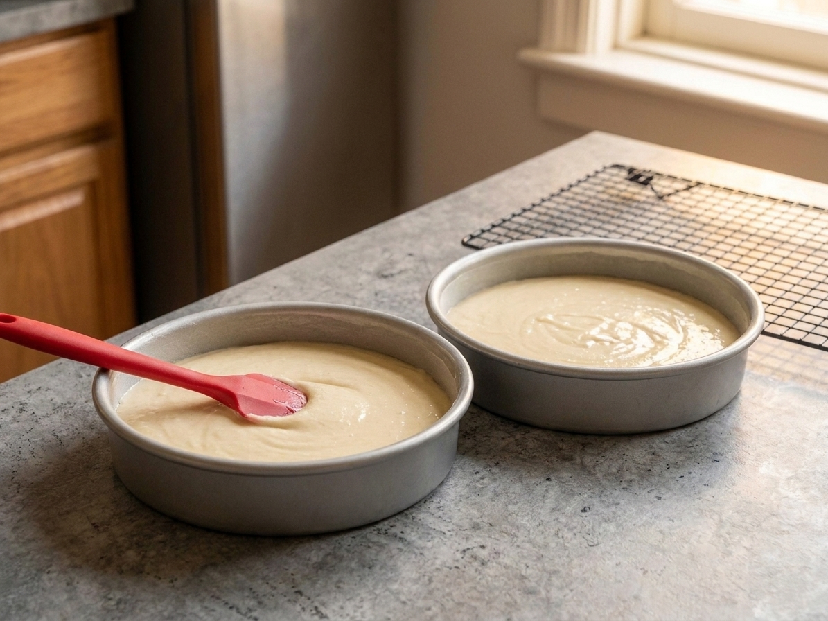 Two round cake pans partially filled with smooth cake batter on a kitchen counter