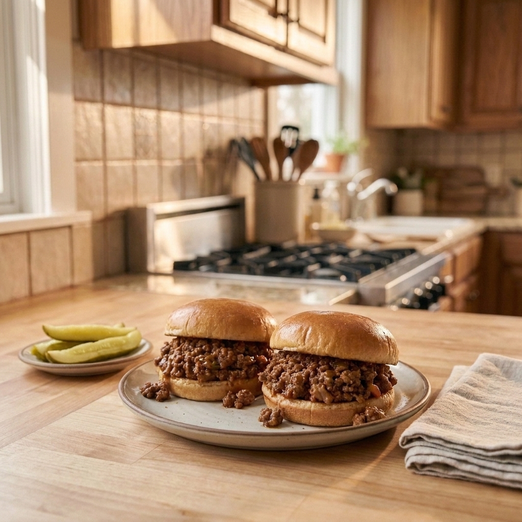 Two sloppy Joe sandwiches on a plate with a side of pickle spears and napkins on a casual dinner table