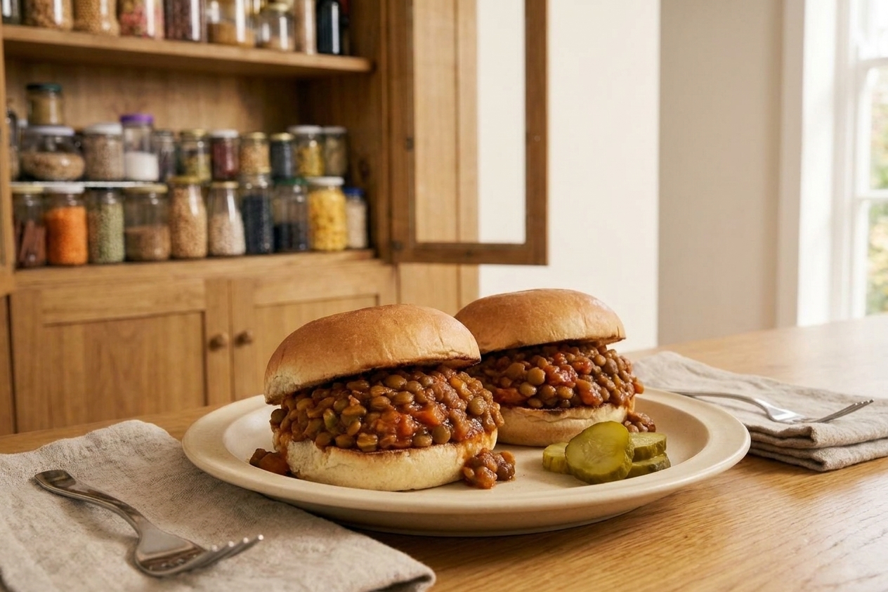 Two sloppy joe sandwiches filled with saucy lentils on a plate with a simple side of sliced pickles