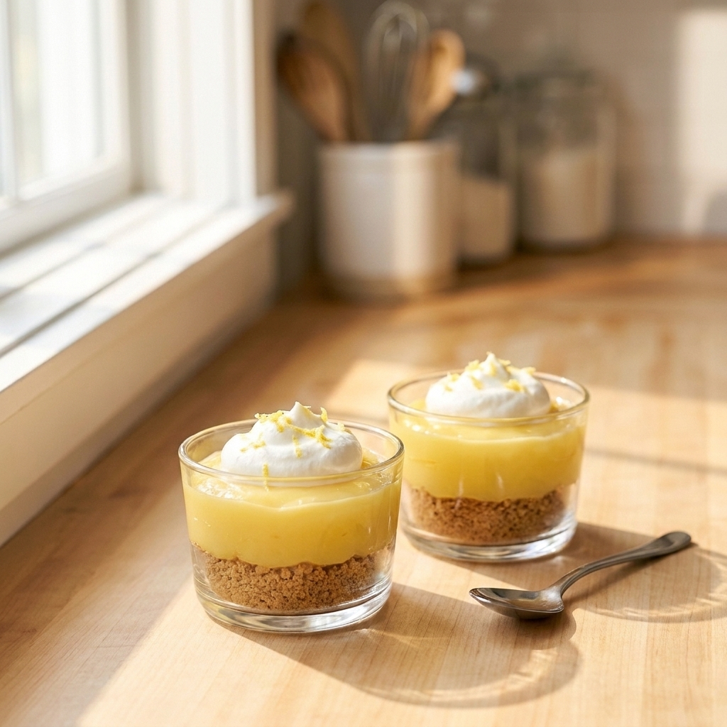 Two small dessert cups layered with graham cracker crumbs and creamy lemon filling on a kitchen counter