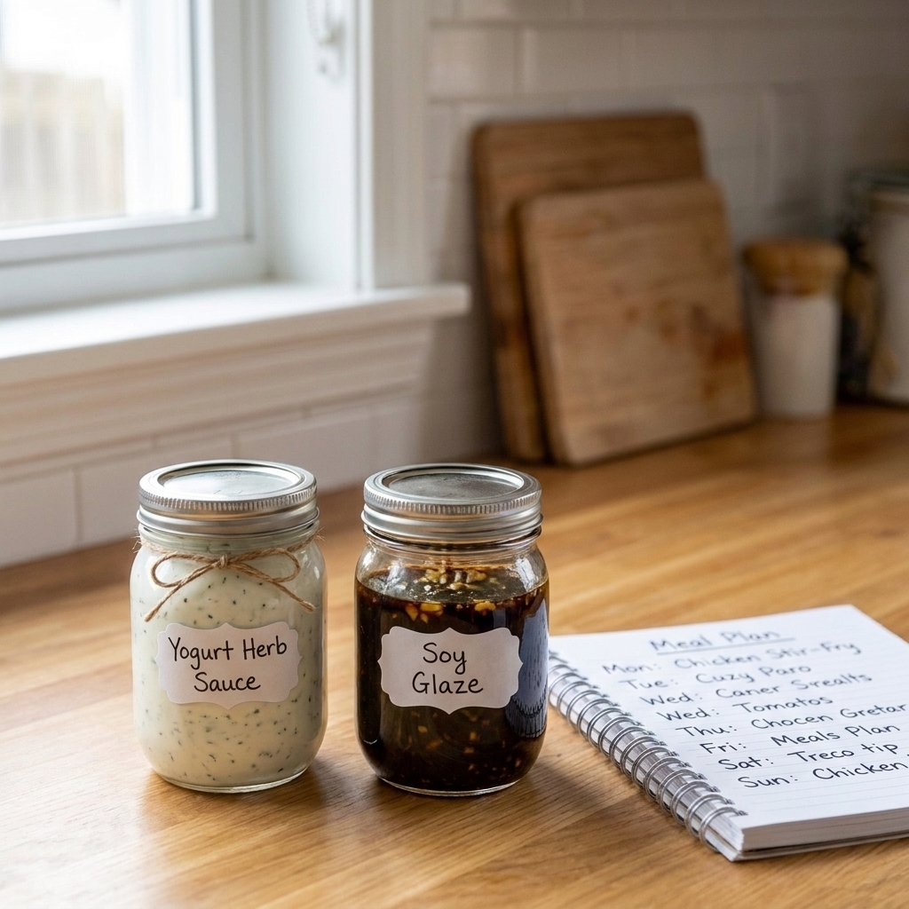 Two small glass jars of homemade sauces, one creamy yogurt-based and one dark soy-based, ready for the week