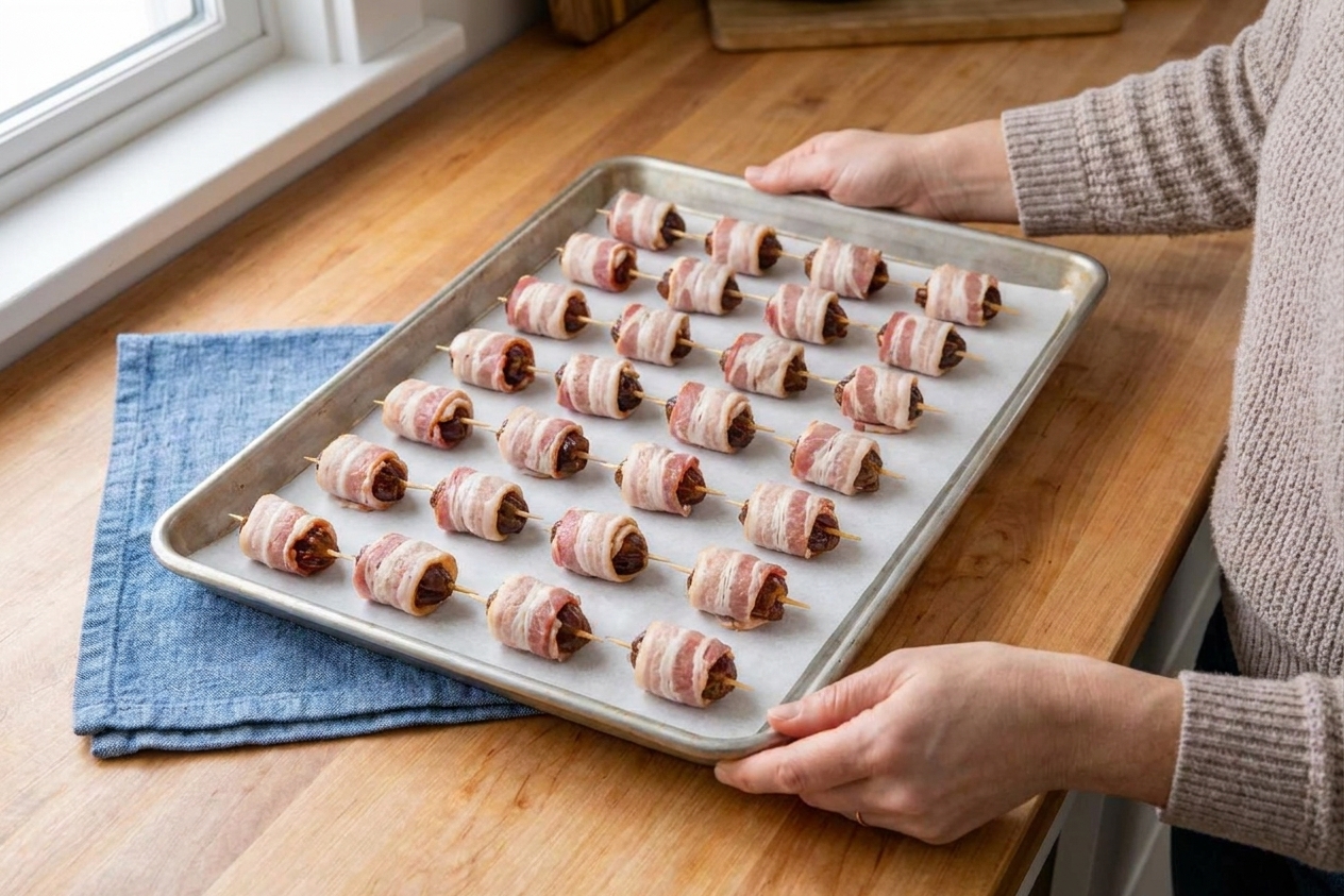 Unbaked bacon-wrapped dates secured with toothpicks on a parchment-lined baking sheet