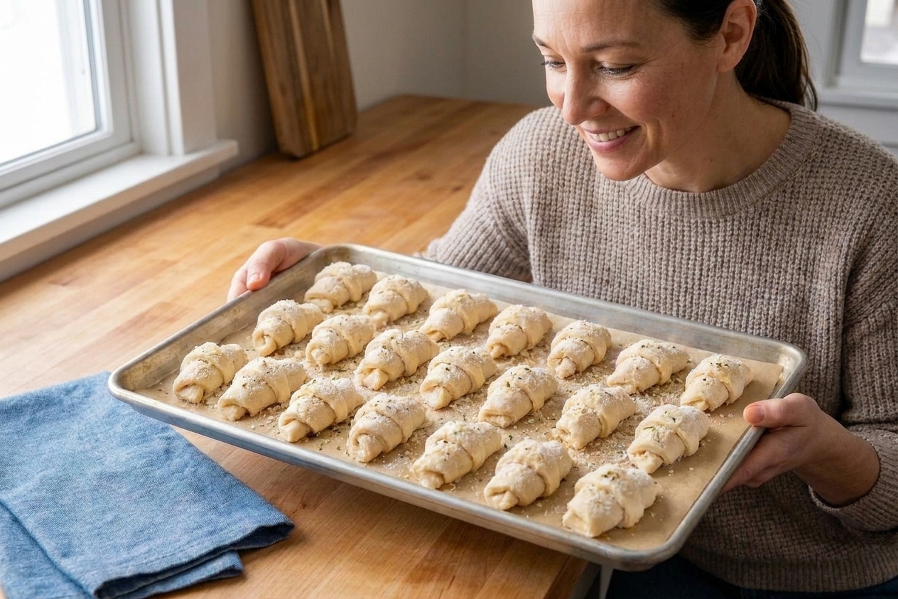 Unbaked crescent appetizer bites frozen on a parchment-lined sheet pan in a home kitchen