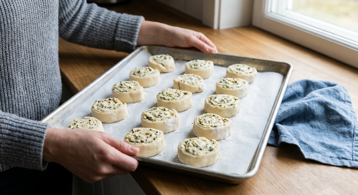 Unbaked puff pastry pinwheels frozen on a parchment-lined baking tray