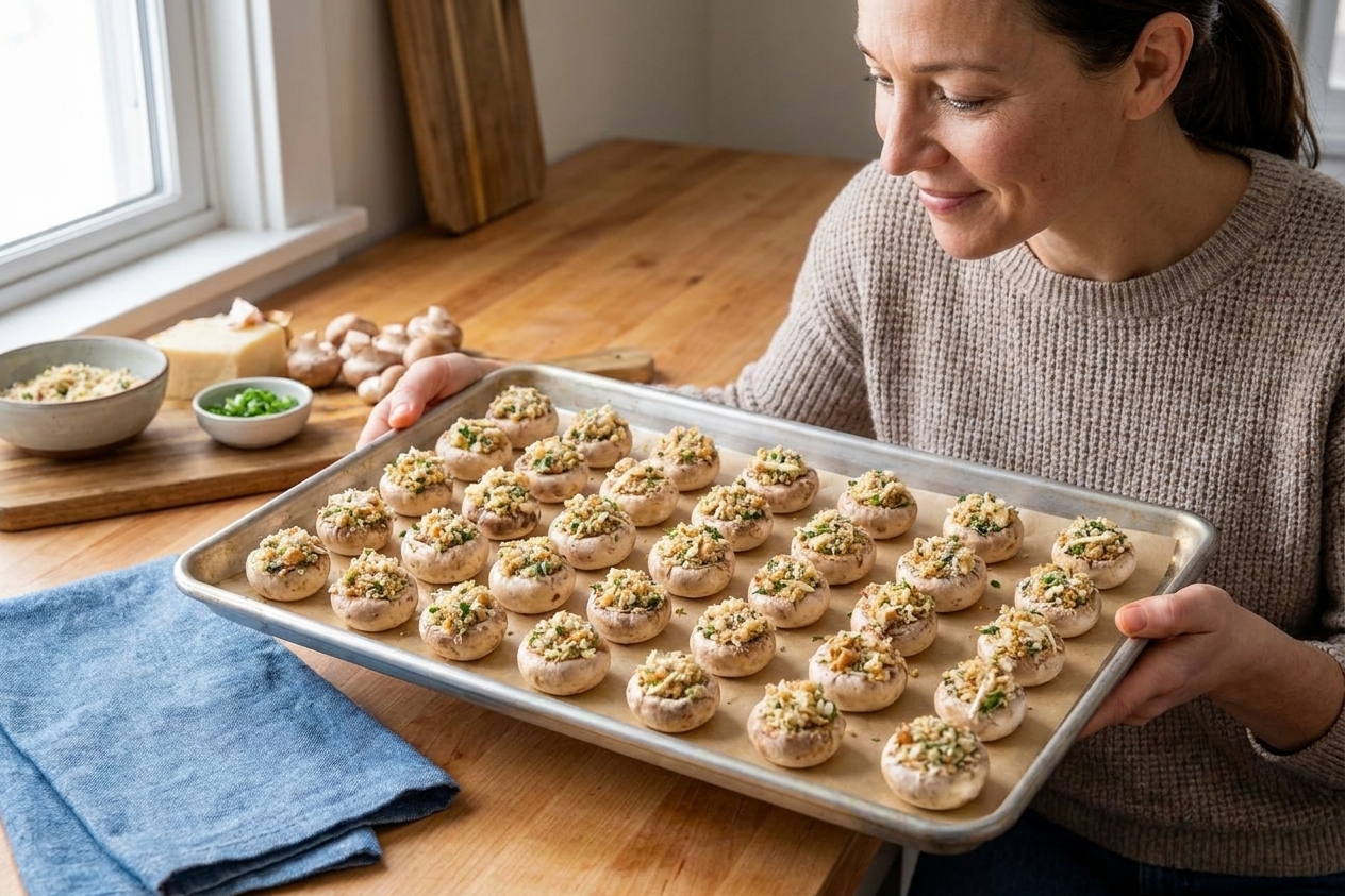 Unbaked stuffed mushroom caps arranged on a parchment-lined baking sheet, ready to freeze