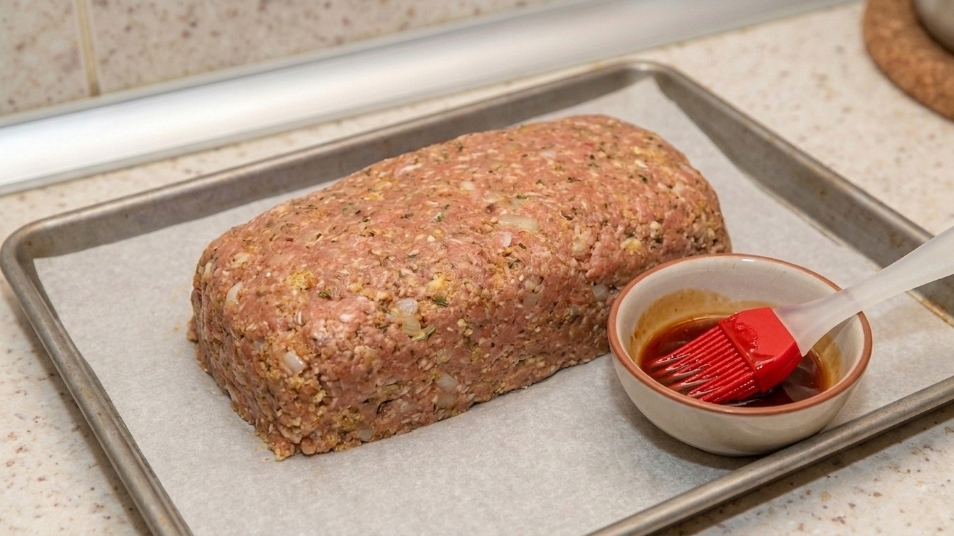 Unbaked turkey meatloaf shaped on a parchment-lined sheet pan with a small bowl of glaze and a silicone brush beside it