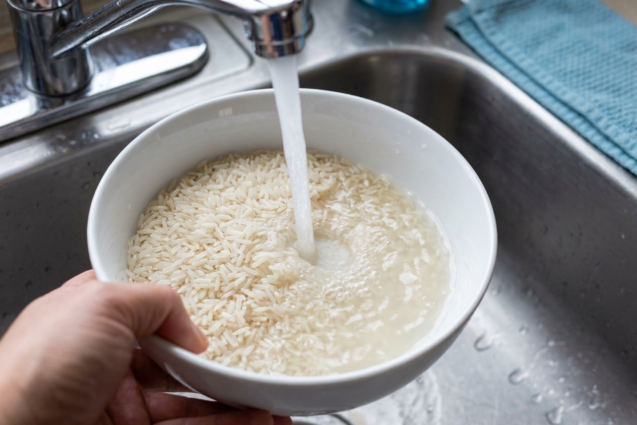 Uncooked white rice being rinsed in a bowl under running water in a home kitchen sink