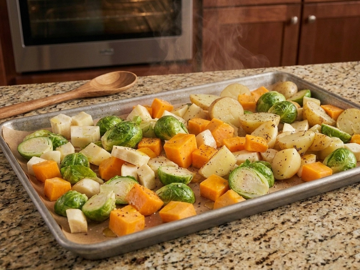 Vegetables packed tightly together on a sheet pan with visible moisture, showing how crowding causes steaming
