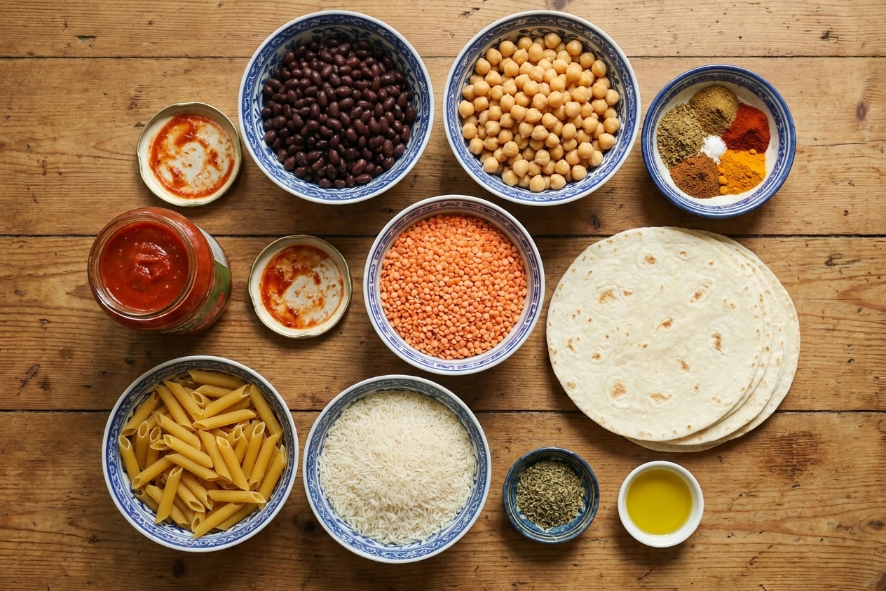 Vegetarian pantry staples like canned beans, lentils, pasta, rice, jarred marinara, tortillas, and mild spices laid out neatly on a kitchen surface